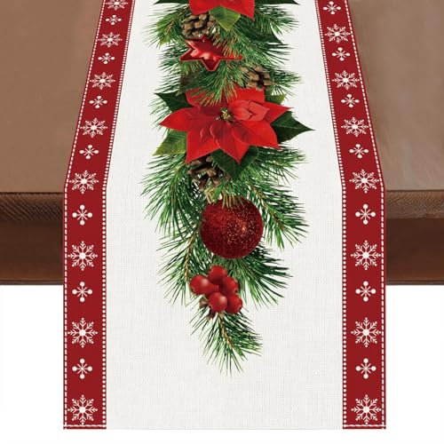 TELAIN Weihnachts-Tischläufer mit Aquarell-Stechpalme und Roten Weihnachtssternen, Schneeflocken Design, Winterfestliche Deko für Zuhause, Küche,13 x 35 inch