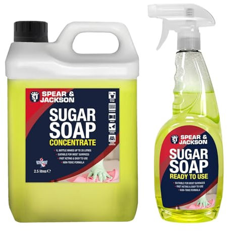 Spear & Jackson Sugar Soap Concentrate 2.5L + 750ml Ready to use spray, Walls, Grease, Grime, Dirt and Stain Remover, Kitchen Degreaser, Versatile Cleaner
