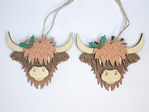2 x Highland Cow Christmas Decoration Tree Ornament Wooden Hairy Coo With Holly Embelishment And Twine To Hang