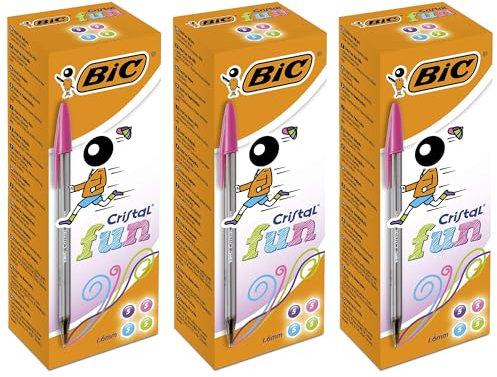 BIC Cristal Fun - Bolígrafos de plástico coloridos para adultos, punta de 1,6 mm, para escritura suave, colores surtidos, 20 unidades, bolígrafos de cristal para la escuela, oficina, paquete de 3 (60