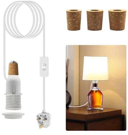 Bottle Light Kit, E14 Bottle Lamp Adaptor Kit, 240 cm Extended DIY Bottle Lamp Kit, Lamp Kits Do It Yourself, White DIY Lamp Fittings Kit for Table Lamp, 3 Sizes of Corks Include, for Bedroom,Office