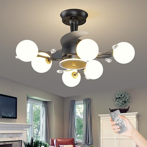 Depuley Schwarzer Deckenventilator mit Beleuchtung: Moderne Kronleuchter mit Ventilator - Deckenventilator mit 6-Licht für Wohnzimmer - Kristall mit Glas Globus Schatten 3 Farbe Ceiling Fan