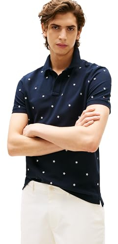 Tommy Hilfiger Men's Short Sleeve Polo Shirts in Regular Fit with Stretch and Organic Pique Cotton, Desert Sky/Star Embroidered, XL