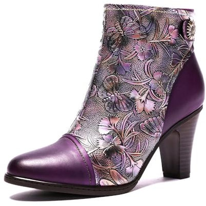 eimeinuosy SOCOFY Womens Ankle Boots Leather Fur Lined High Heel Comfort Splicing Floral Pattern Lace Up Boots for Winter, Purple, 2 UK