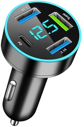 4 Port USB C Auto Ladegerät, USB Zigarettenanzünder Adapter 66W QC3.0 PD Schnellladegerät Kfz Ladeadapter mit LED Spannungsanzeige für 12V/24V Fahrzeuge PKW LKW Wohnmobil kompatibel mit iPhone