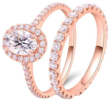 Moissanite Engagement Rings, Rose Gold Rings Set 2Pcs 14K with Oval Shape Moissanite Size P 1/2