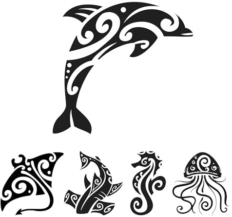 x5 Small Maori Semi Permanent Temporary Tattoos - Dolphin, Ray, Hammerhead shark, Seahorse, Jellyfish - Polynesian | Lasts up to 10 days | Waterproof | Black | Men, women - TATTOO YOUR STYLE