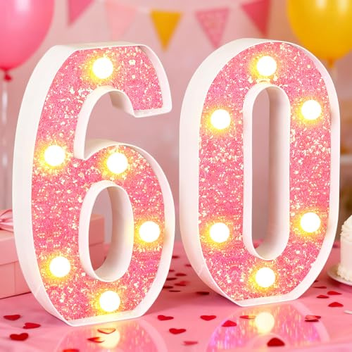 60th Birthday Decorations LED Light Up Numbers, Pink Marquee Lights Number 60 Sign for Girls Birthday Party Anniversary Home Decor