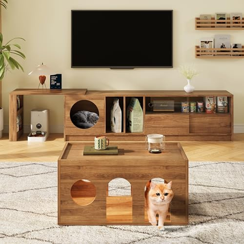 boorbin Modernes LED-Möbelset,Wohnzimmer-Kombinationsmöbel-Set,TV-Schrank mit Katzenkorb, Nussbaum-Möbel-SetLowboard für Wohnzimmer, Schlafzimmer (80 * 50 * 40 cm +180(+80)×40×50 cm)