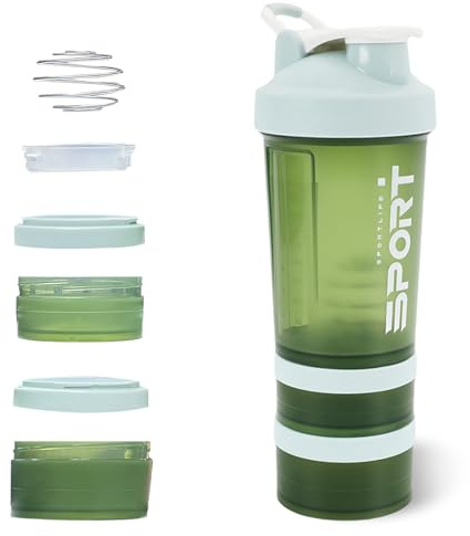 : GaoBangM 500ml Protein Shaker Bottle 2 Storage Compartments | Include Pill Organiser, Leakproof Gym Shaker with Wire Whisk Ball Measurement Markings for Protein Shakes Supplements