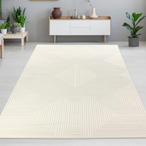 CARPETIA Kurzflor Teppich Geometriemuster Creme mit Glanzeffekt 240x340 cm | Weich, pflegeleicht, schmutzabweisend und strapazierfähig, seitlich gekettelt, OEKO-TEX geprüft, für Fußbodenheizung