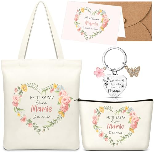 Hestya 5 Pièces Cadeau Mamie Anniversaire, Sac, Trousse Porte-Clés, Carte | Pochette Trousse à Maquillage en Toile, pour Grand-Mère, Annonce Grossesse, Fête, Retraite, Remerciement