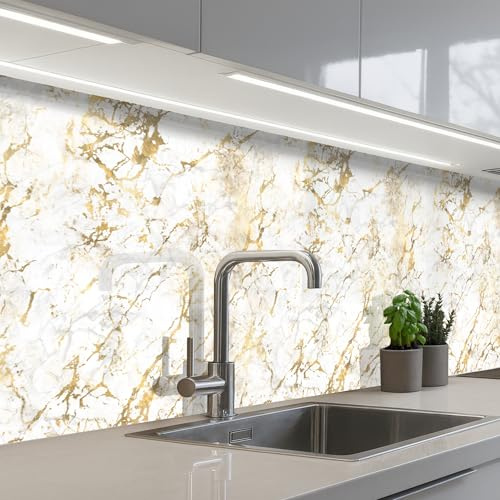 KitchenYeah© Spritzschutz Küchenrückwand Küche Abwaschbar Selbstklebend | 60x250 cm - Küchenwand Küchenfront Küchen Rückenwand Wandschutz Goldspritzer - Weiß - Marmor