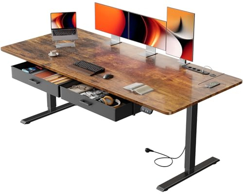 SOLAVERO Bureau Assis Debout Électrique, 180 x 80 cm, avec USB-C, Marron | Prise Intégrée, Port USB-C, 2 Tiroirs Amovibles, Positions Mémorisables, Passe-Câbles, Facile à Assembler