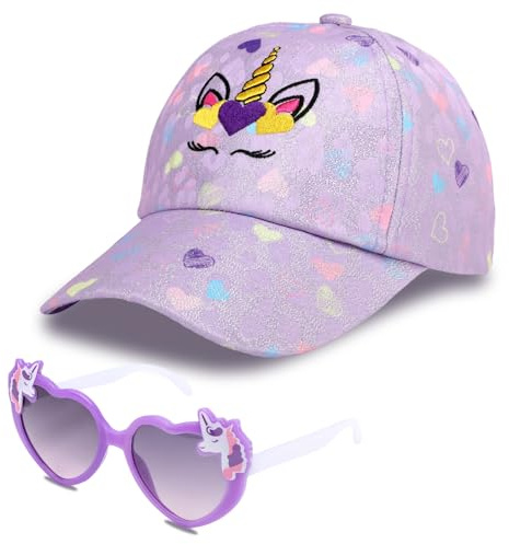 BTHRORO Einhorn Basecap Sonnenbrille Set für Mädchen, Verstellbare Kinder Baseball Cap Herz Sonnenbrille Kinder Baseballkappe Sommer Accessoires Geschenk für Mädchen