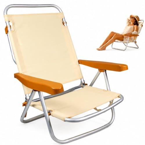 Silla de Playa Plegable - Reclinable en 4 posiciones - Para Camping, Jardin Exterior, Piscina - Aluminio - Asas para Transportar Fácilmente - 22cm Altura Asiento - Tejido Textileno Transpirable (Ocre)