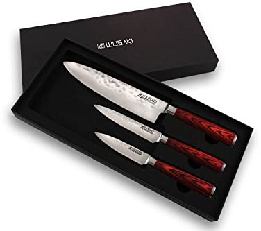 Wusaki - Coffret 3 Couteaux de Cuisine Design Japonais Pakka X50 Pakkawood Chef + Universel + Office- Vendu Dans Un Coffret