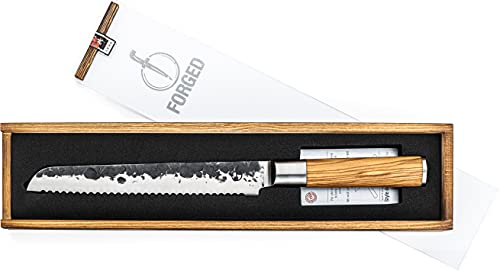 Forged Olive - Coltello da pane, 20 cm, realizzato a mano, in scatola di legno