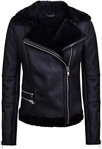 Infinity Leather Schwarze Lammfell-Bikerjacke Aus Lammleder für Damen S