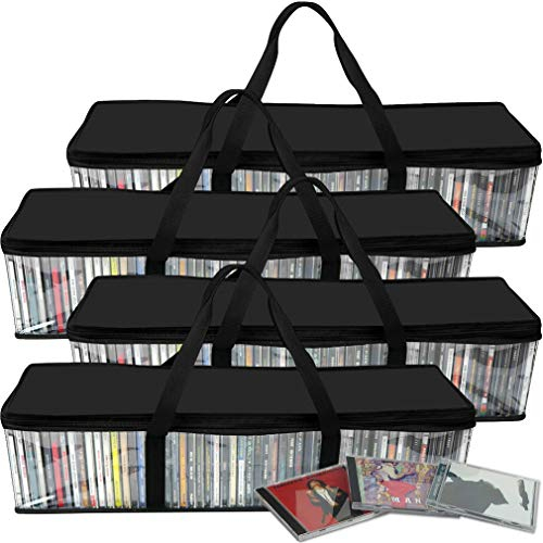 Evelots CD Storage Bags (4 Pack) - Clear PVC Plastic & Polyester Case with Zipper - Holds 200 CDs Total - Strong Black Handles - Protects Media from Dirt & Moisture