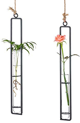 Sziqiqi Kreativer Glasvase aus Schmiedeeisen, Hängender Behälter für Wasserkultur, Hängende Flasche Reagenzglas für Blumen, Hängende Betriebsdekoration im Wohnzimmer Garten, Schwarz