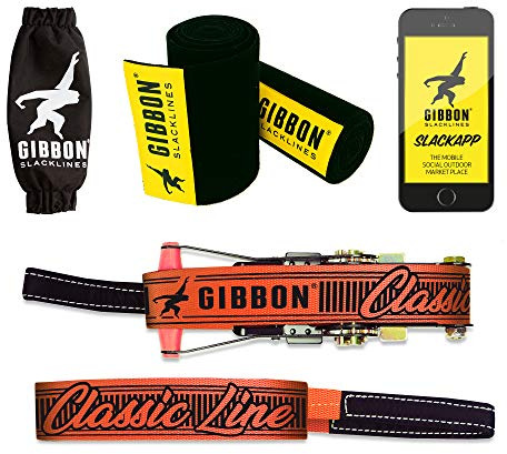 Gibbon Slacklines Classicline XL mit Baumbekleidung, rot, 25,0 m (22,6 m Leine + 2,4 m Ratschengurt mit verstärkter Schlaufe) inkl. Ratschenschutz, Baum- und Leinenschutz (schwarzer Filz), 50 mm breit