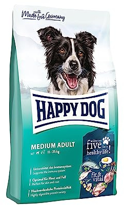 Happy Dog fit & vital Medium Adult, 1 kg Trockenfutter | Vollnahrung mittelgroße Hunde 11–25 kg, 5 tierische Proteine, weizenfrei, kleine Probiergröße