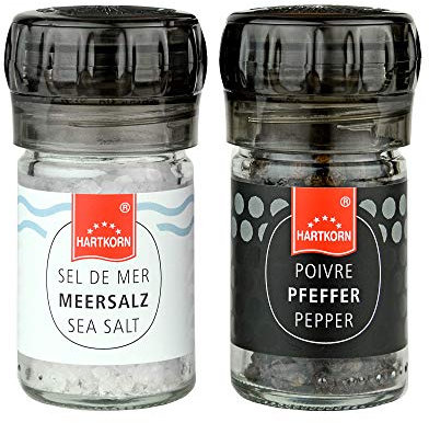Pfeffer und Salz Set in Gewürzmühlen - 25 g schwarzer Pfeffer und 50 g Meersalz in handlichen Einweg Mühlen von Hartkorn zum Mahlen (Glasbehälter, einstellbares 2-Stufen Mahlwerk (grob/fein))