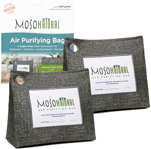 Moso Natural Air Purifying Bag 600 g (lot de 2). Un désodorisant sans odeur pour les cuisines, les chambres, les salons, les zones pour animaux de compagnie. Absorbeur d'odeurs de qualité supérieure