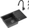VBChome Spüle mit Armatur 78 x 50 cm Tiefes Becken 20cm Schwarz Küche 2 Leistunsstufen Große Abtropfflache Einbauspüle Verbundspüle ab 55 cm Küchenspüle Einzelbecken + Siphon Ausziehbarer Wasserhahn
