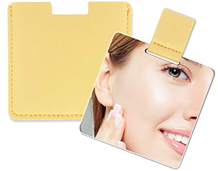 Fixleren Ultra Dünn Taschenspiegel, unzerbrechlicher Edelstahl, mit PU-Ledertasche, leicht zu tragen, leicht und geeignet für Make-up, Camping, Reisen (gelb)