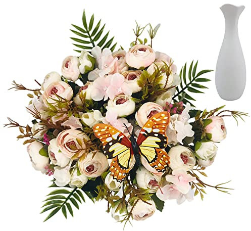 LORENDA Künstliche Pfingstrose im Topf – kleine künstliche Pfingstrosen in weißer Vase für Hochzeitstischdekoration (hellrosa)