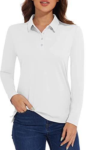 MAGCOMSEN Polo Arbeitsshirt Damen Langarm Shirts Basic Poloshirt Performance Sportshirt Quick Dry Top für Wandern Golf Yoga, Weiß S