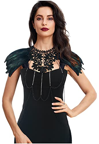 keland Maleficent Kostüm Gotisch Feder Schulterklappen Schal Spitzen Kragen Steampunk Brustkette Körperschmuck (Schwarz-003)