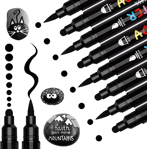 Tesquio Schwarz Acrylstifte Dual Brush Tip 8pcs weißer Stift wasserfest Marker Stifte permanent marker schwarz Stifte für Papier, Holz, Leinwand, Keramik, Steine Bemalen