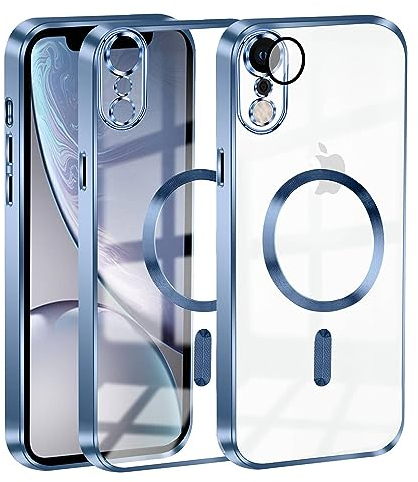 Cover Magnetica per iPhone XR, Custodia Compatibile con MagSafe, Protezione Antiurto di Livello Militare Telefono Silicone [Copertura della fotocamera], Blu Trasparente