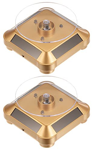 sourcing map 2pcs Solar Display Stand Turntable 3.54 Plate Dia Battery Double Use LED Light 360° Two-Way Rotating ABS Automatic Revolving Display for 3D Print Jewelry Displaying, Gold Tone