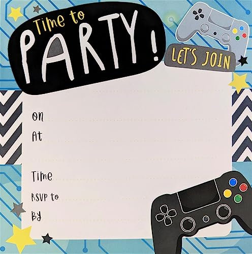 12 Gaming Party Invitations – Video Game Birthday Invites with Envelopes | Gamer-Themed Party Supplies | Card | 13.5 x 13.5 cm | Boys & Girls Birthday Party Invitations