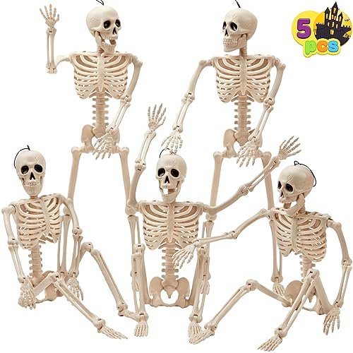 JOYIN 5 Stück Halloween Skelett deko,40.6 cm Ganzkörper bewegliche Gelenke hängende Skelette für Friedhofsdekorationen Halloween Hause Party Dekoration Spukhaus Zubehör