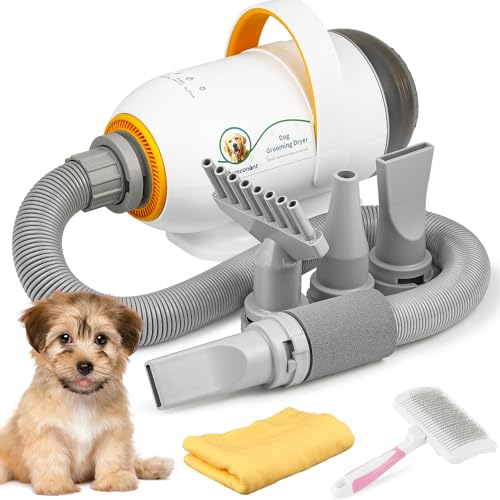 Mxmoonant 2800W Secador de Perros, Secado y Aspirado de Pelos Flotantes, Velocidad y Temperatura Ajustable, con 4 Boquillas Diferentes & Cepillo para Mascotas & Toalla para Mascotas