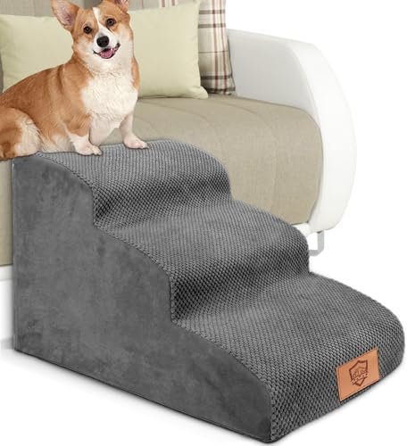 MASTERTOP Dog Steps for Bed, 3-Steps High Density Foam Dog Stairs with Detachable Cover & Non Slip Bottom, Waterproof Pet Steps Ladder for Sofa, Couch & Bed - Grey