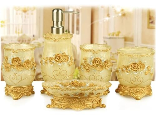 5Tlg Badset Badezimmer Zubehör Set Harz Luxuriöses Barock Blume Seifenspender Halter Wc Bürste Badgarnitur,Weiß
