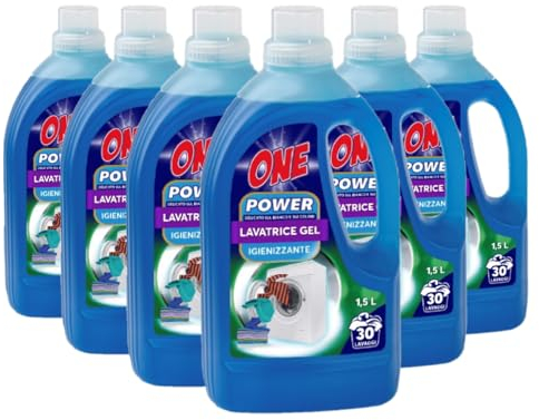 Detersivo Liquido per Lavatrice ONE POWER GEL - Multipack 6 x 1.5 lt cadauno - 180 lavaggi (30 lavaggi a flacone) - Pulito Profondo per Bianchi e Colorati, delicato sul bucato, efficace sulle macchie.