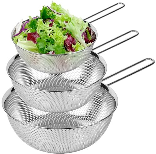 COMPORT K Premium 18/8 304 Stainless Steel Strainer Set of 3 with Long Handle, Micro-Perforated Colanders 1.5-2.5-4 Quart Set, Self-Draining Solid Base for Pasta, Fruits, Vegetables, Made in Korea