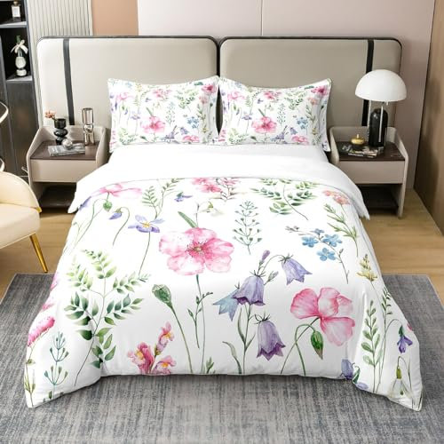 Homemissing Coquelicot Rose 100% Coton Housse de Couette 240x260cm Coquelicot Parure de lit 100% Coton imprimé Floral Literie Set Ultra Doux décor coloré Fleurs Sauvages Ensemble de lit Zip