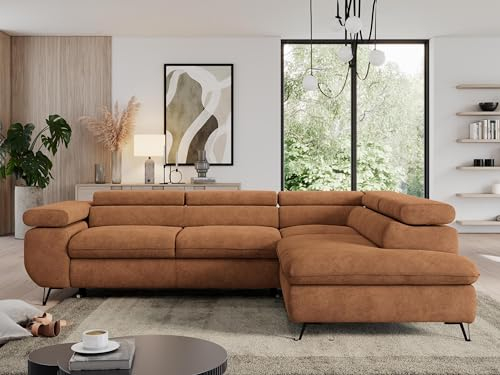 MKS MEBLE Sofa L, Wohnlandschaft L-Form mit Schlaffunktion und Bettkasten, Schlafsofa mit Bettkasten, Ecksofa, Sofa mit Einstellbare Kopfstützen, Pedro L - Orange Struktur - Rechts