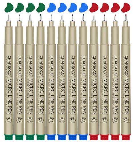 CHARSOCO 01 Micro Pen, feine Spitze, wasserfeste Archivtinte, 4 Modelle/3 Farben, Insgesamt 12 Stück, 0,25-0,52mm Liner für Kunst, Anime, Comics, Skizzen, Technik, Scrapbooking.