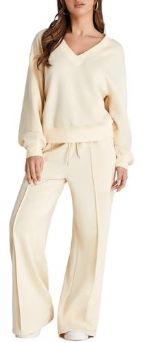 Herseas 2-teiliges Damen-Sweatanzug 2025 Herbst Casual V-Ausschnitt Sweatshirt mit weitem Bein Sweatpants Trainingsanzug Lounge-Set, Beige, XL