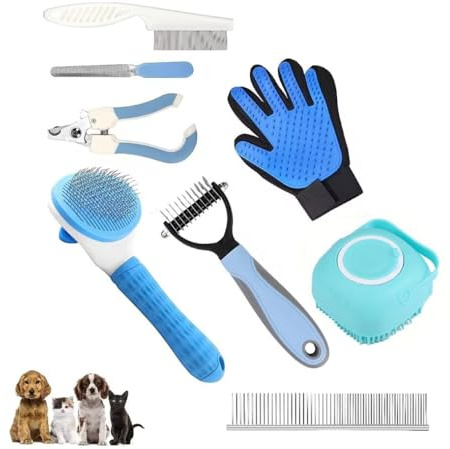 8 in 1 Dogs & Cats Grooming Kit, Self-Cleaning Slicker Brush, Shedding Brush for Short & Long Haired Pets. Includes Comb, Flea Comb, Bath Brush, Scrub, Undercoat Rake, Nail Clippers