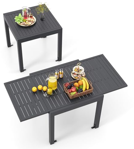 GOPLUS Gartentisch ausziehbar, 80/160x80x75cm Terrassentisch wetterfest aus rostfreiem Aluminium mit Holzoptik, Ausziehtisch für 4 bis 6 Personen, Outdoor Esstisch für Garten Rasen Veranda (Grau)